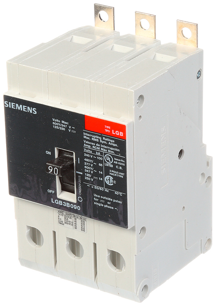  LOW VOLTAGE PANELBOARD MOUNT G FRAME CIRCUIT BREAKER WITH THERMAL - MAGNETIC TRIP. UL LISTED LGB FRAME WITH VERY HIGH BREAKING CAPACITY. 90A 3-POLE (14KAIC AT 600Y/347V) (65KAIC AT 480Y/277V). SPECIAL FEATURES MOUNTS ON PANELBOARD,LOAD SIDE LUGS ONLY (TC1GG20) WIRE RANGE 8 - 1/0 AWS (CU/AL). DIMENSIONS (W x Hx D) IN 3 x 5.4 x 2.8.