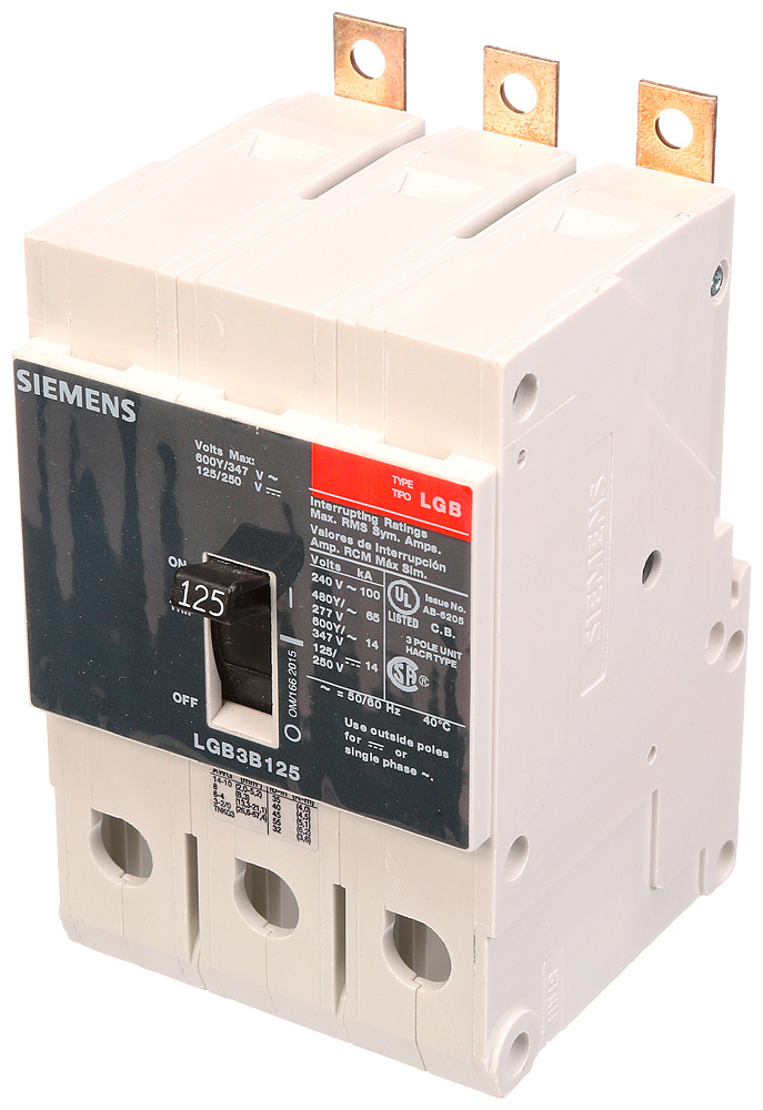  LOW VOLTAGE PANELBOARD MOUNT G FRAME CIRCUIT BREAKER WITH THERMAL - MAGNETIC TRIP. UL LISTED LGB FRAME WITH VERY HIGH BREAKING CAPACITY. 125A 3-POLE (14KAIC AT 600Y/347V) (65KAIC AT 480Y/277V). SPECIAL FEATURES MOUNTS ON PANELBOARD, LOAD SIDE LUGS ONLY (TC1GG20) WIRE RANGE 8 - 1/0 AWS (CU/AL). DIMENSIONS (W x H x D) IN 3 x 5.4 x 2.8.