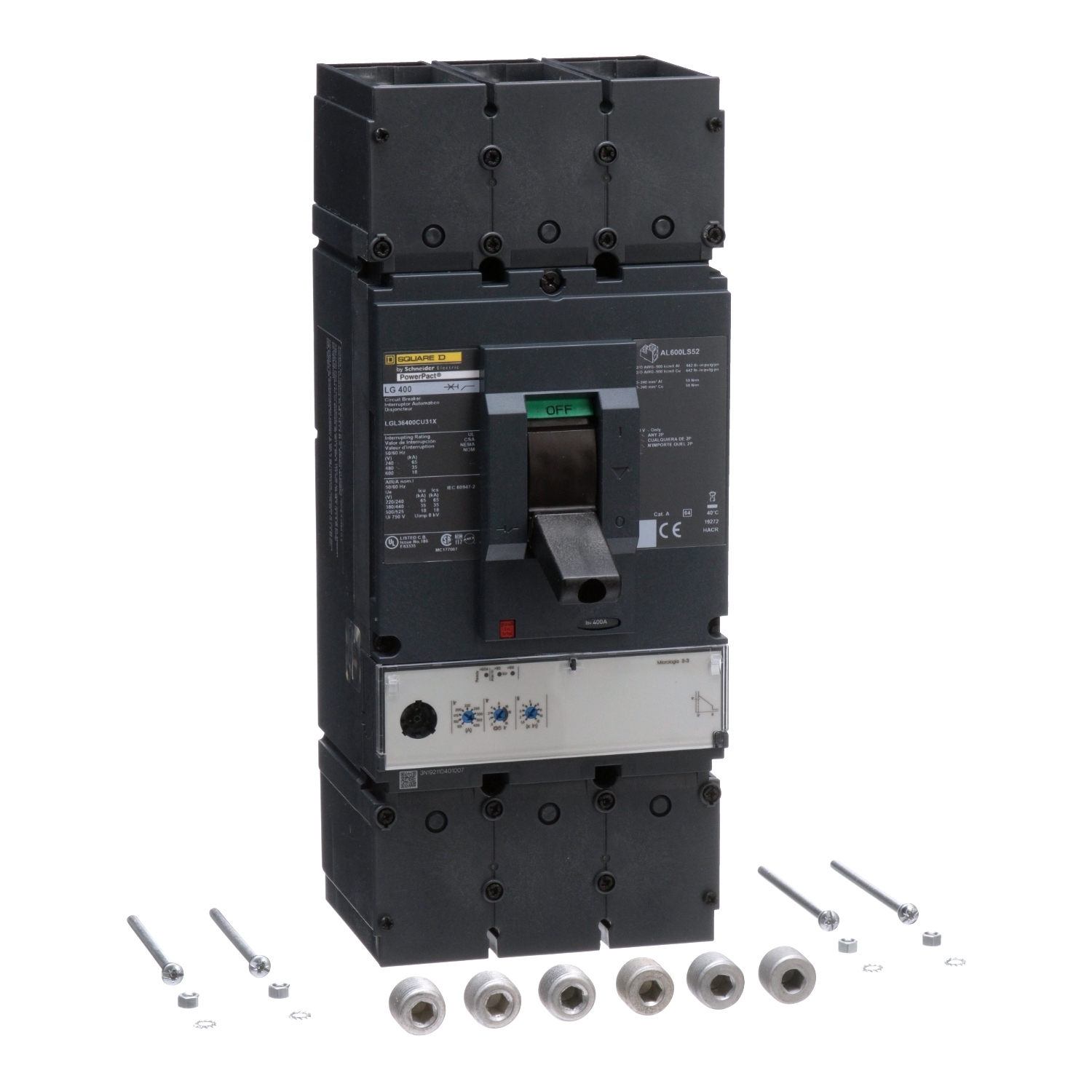 Circuit breaker, PowerPacT L, 400A, 3 pole, 600VAC, 18kA, lugs, MicroLogic 3.3, 100%