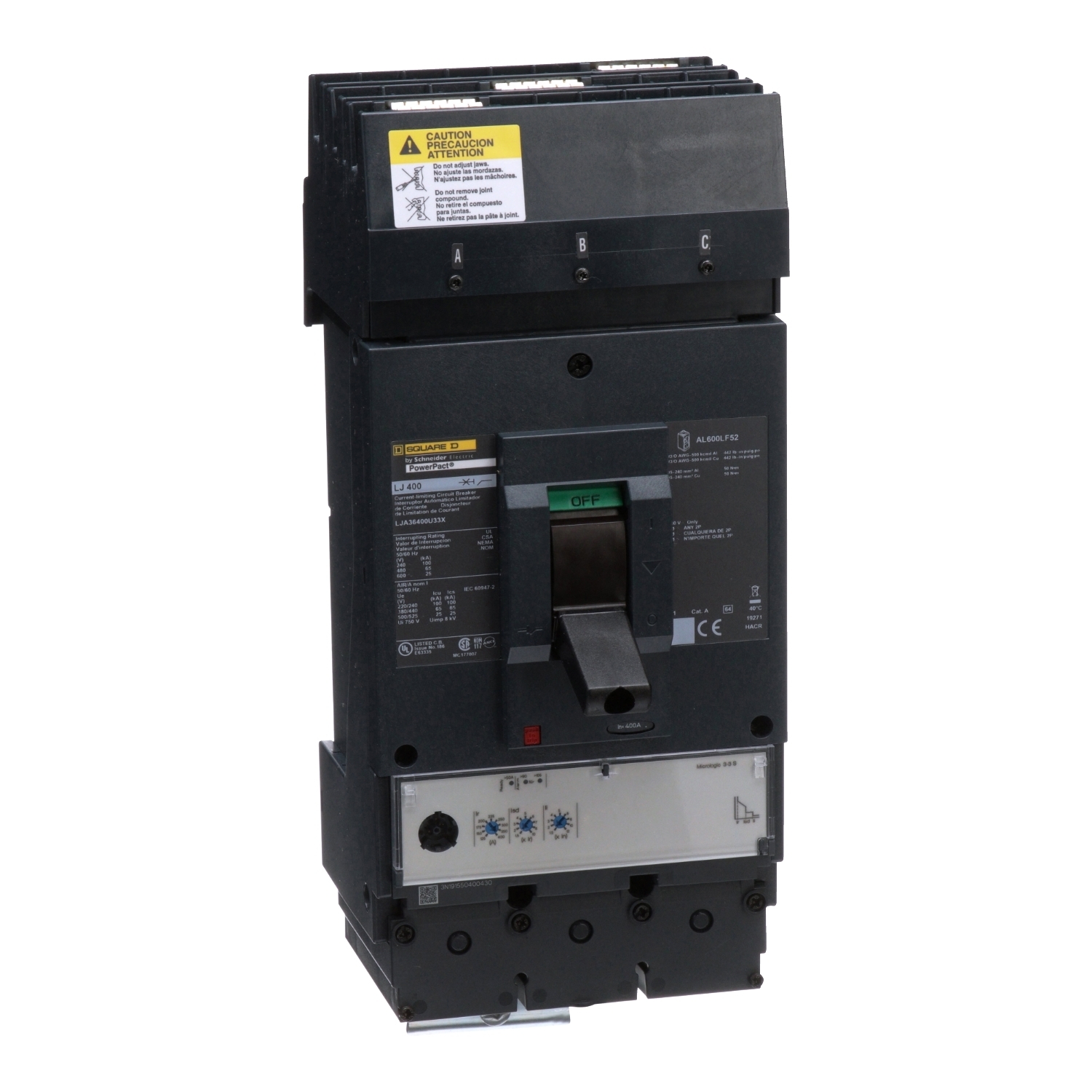 Circuit breaker, PowerPacT L, 400A, 3 pole, 600VAC, 25kA, I-Line, MicroLogic 3.3S, 80%, ABC