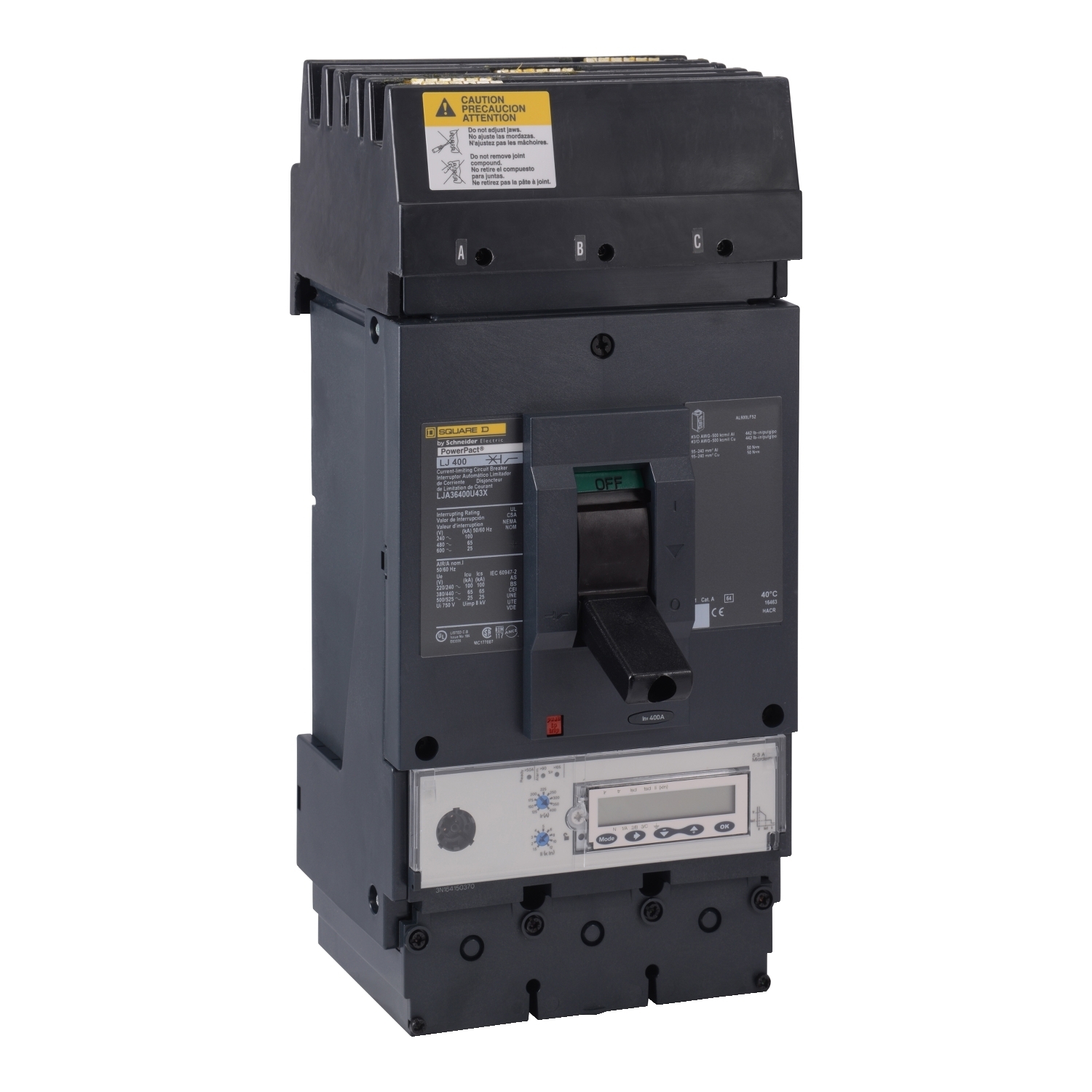 Circuit breaker, PowerPacT L, 400A, 3 pole, 600VAC, 25kA, I-Line, MicroLogic 5.3A, 80%, ABC