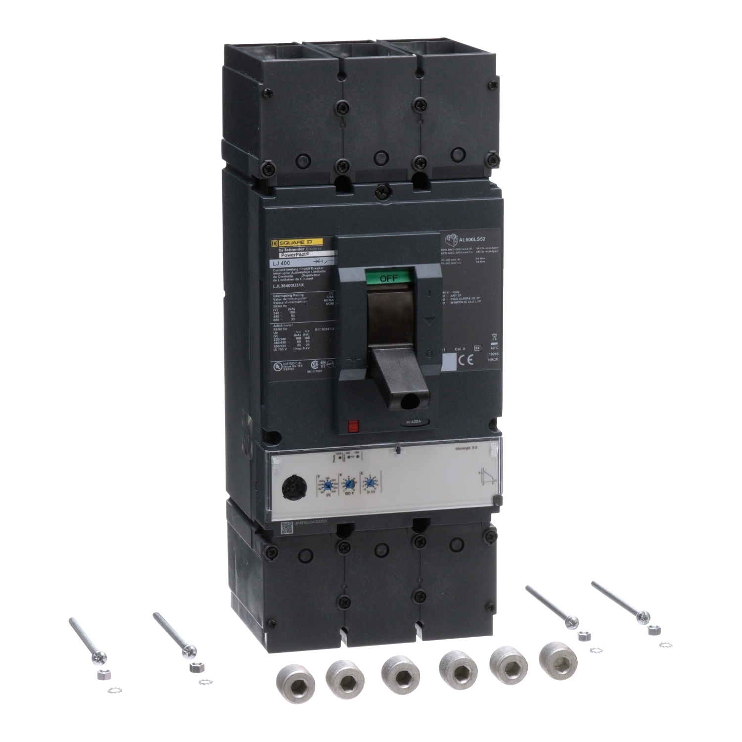 Circuit breaker, PowerPacT L, 400A, 3 pole, 600VAC, 25kA, lugs, MicroLogic 3.3, 80%