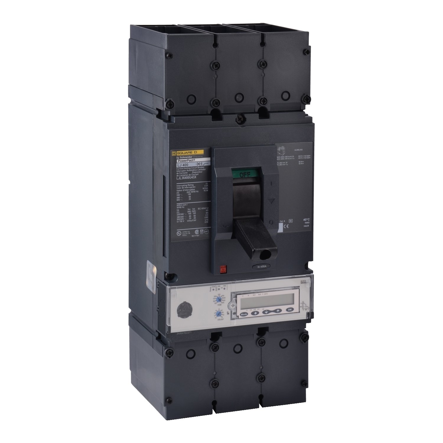 Circuit breaker, PowerPacT L, 400A, 3 pole, 600VAC, 25kA, lugs, MicroLogic 5.3A, 80%
