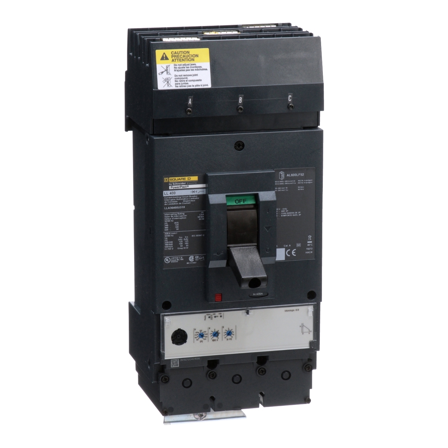 Circuit breaker, PowerPacT L, 400A, 3 pole, 600VAC, 50kA, I-Line, MicroLogic 3.3, 80%, ABC