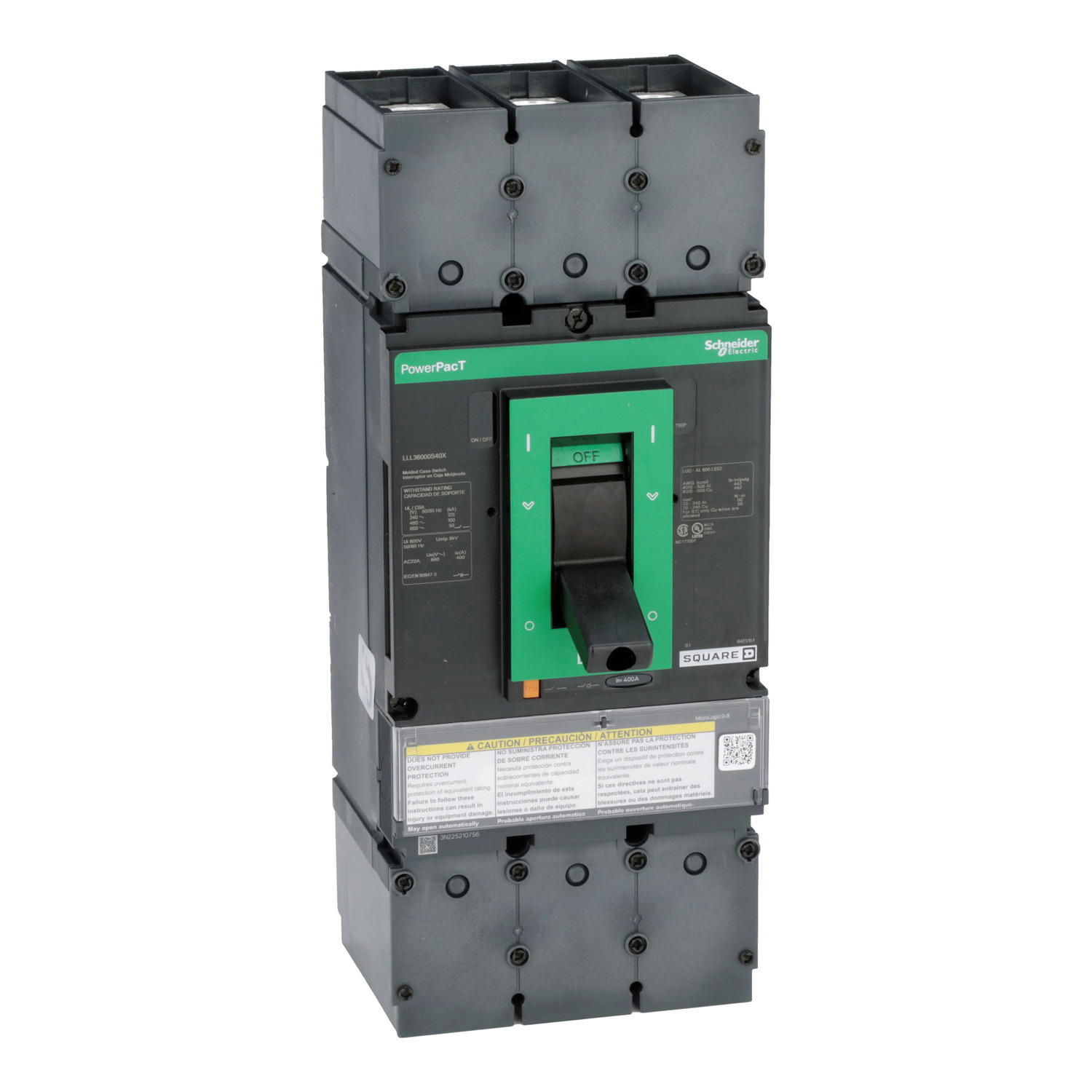Automatic switch, PowerPact L, 400A, 3 pole, 600VAC, 50kA, lugs, magnetic