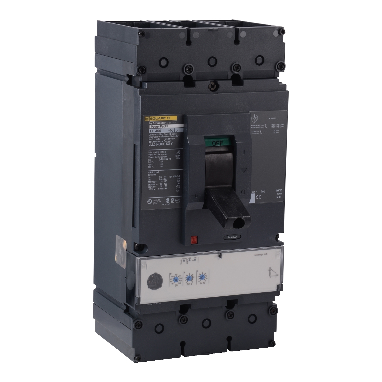 Circuit breaker, PowerPacT L, 400A, 3 pole, 600VAC, 50kA, lugs, MicroLogic 3.3, 80%