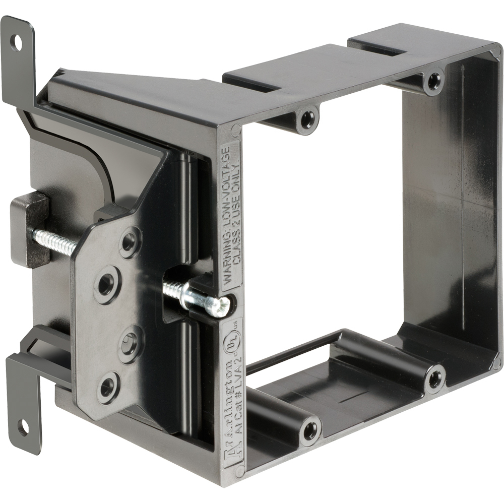 Low Voltage mounting bracket, two gang for installation on new construction for class 2 wiring only. Adjusts up to an 1-1/2" for when wall thickness is unknown.