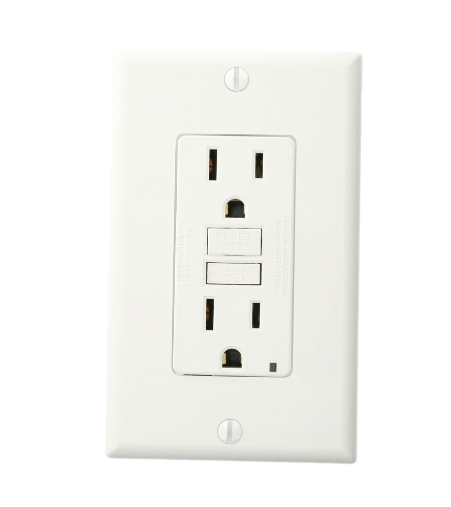 15 Amp, 125 Volt, Phase X Shallow Non-Tamper Resistant GFCI Receptacle, 20 Amp/ 125 Volt Feed-Through, Lighted, Nylon Wallplate, White