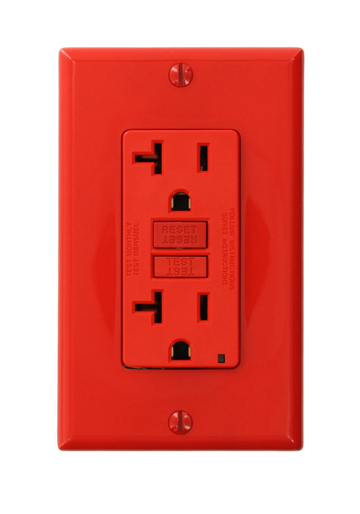 20 Amp 125 Volt Receptacle 20 Amp Feed-Through SmartLock Pro Slim GFCI monochromatic back and side wired wallplate and self grounding clip included - Red