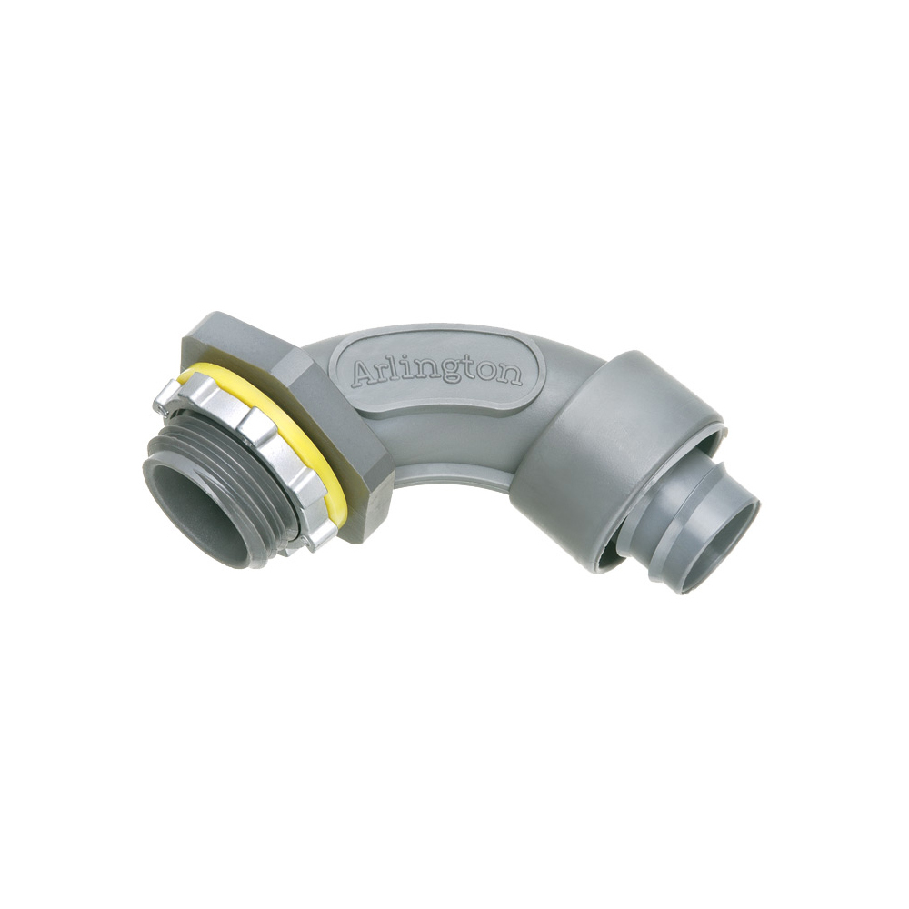 Non Metallic 90 degree screw on straight liquid tight connector for liquid tight conduit type B only. Trade Size 1".