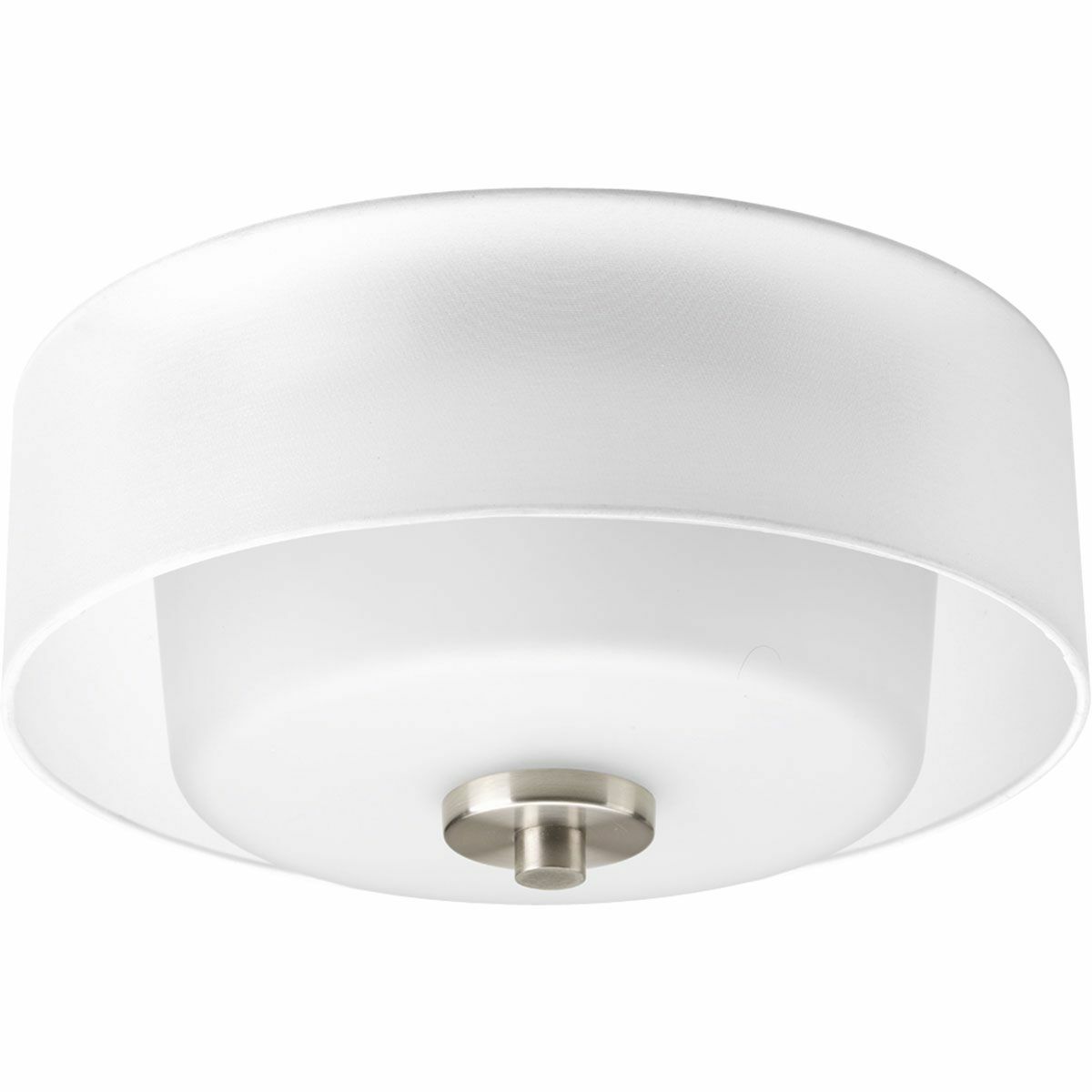 Invite the beauty of light into your home with this Brushed Nickel two-light flush mount. Invite provides a welcoming silhouette in any home. Unique translucent sheer Mylar shades encompass an inner glass globe. The rich, layering effect creates a dreamy look that is both elegant and modern. Offered as a complete collection, the Invite styling can be carried throughout your home or as a focal style in a special room.