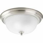 Two-light flush mount with dome shaped etched glass, solid trim and decorative knobs. Center lock-up with matching finial.