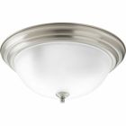 Three-light flush mount with dome shaped etched glass, solid trim and decorative knobs. Center lock-up with matching finial. Brushed Nickel finish.