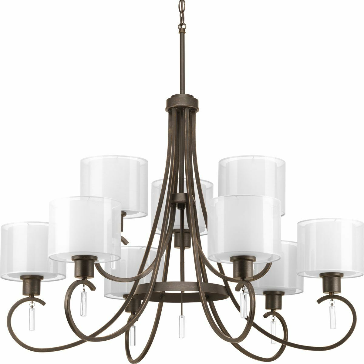 Invite the beauty of light into your home with this Antique Bronze nine-light, two-tier chandelier. Invite provides a welcoming silhouette with a unique shade comprised of an inner glass globe encircled by a translucent sheer Mylar shade. The rich, layering effect creates a dreamy look that is both elegant and modern. Offered as a complete collection, the Invite styling can be carried throughout your home or as a focal style in a special room.