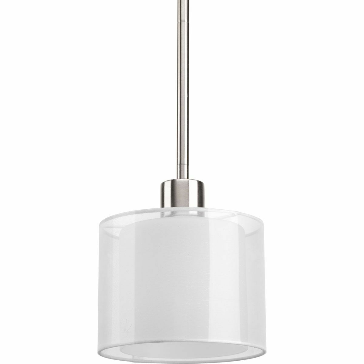 Invite the beauty of light into your home with this Brushed Nickel one-light mini-pendant. Invite provides a welcoming silhouette with a unique shade comprised of an inner glass globe encircled by a translucent sheer Mylar shade. The rich, layering effect creates a dreamy look that is both elegant and modern. Offered as a complete collection, the Invite styling can be carried throughout your home or as a focal style in a special room.