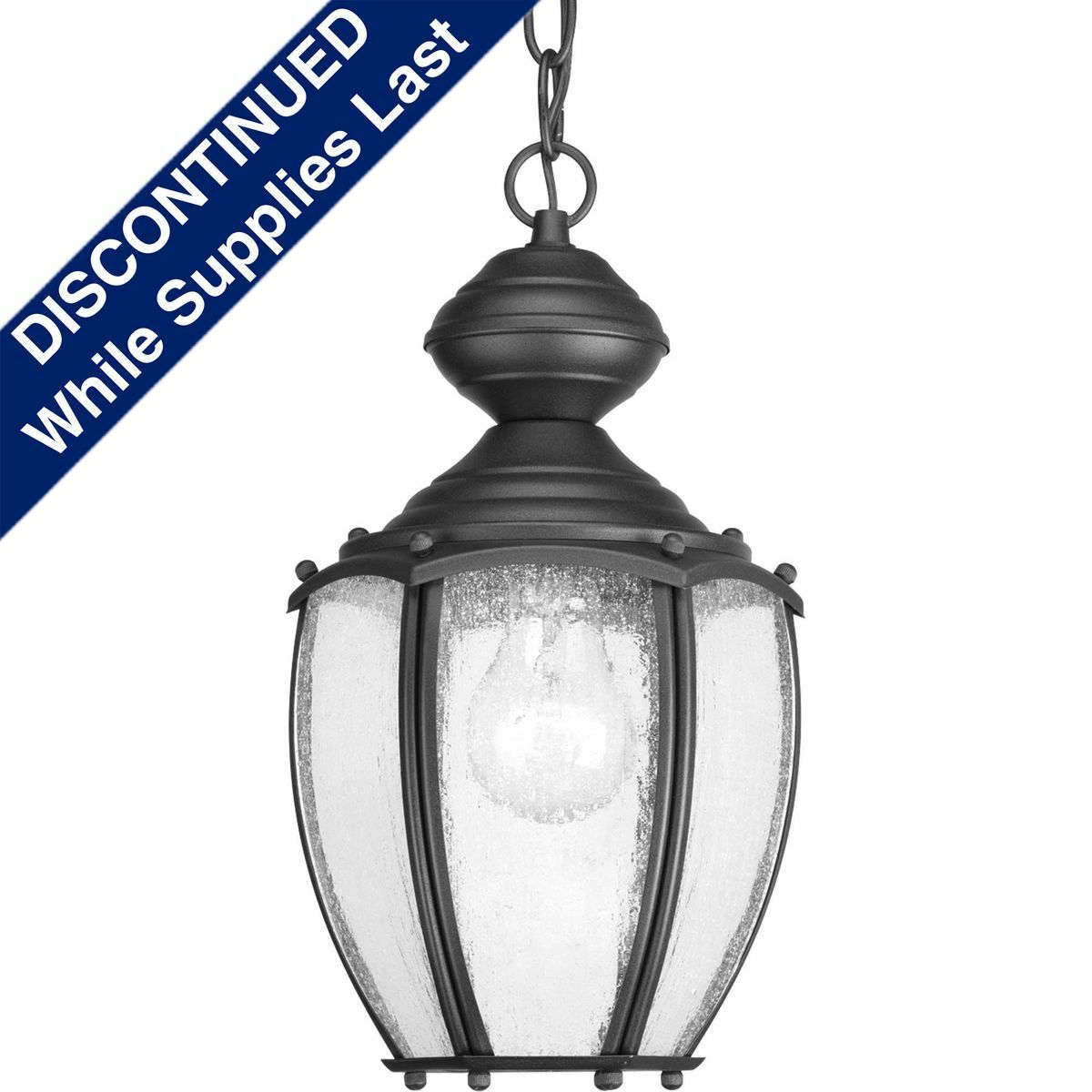 Solid one-light 7 in hanging lantern in rich weathered finish is complemented by seeded glass panels - a great choice for low maintenance and years of enjoyment. Chain and ceiling mounts included. Black finish.