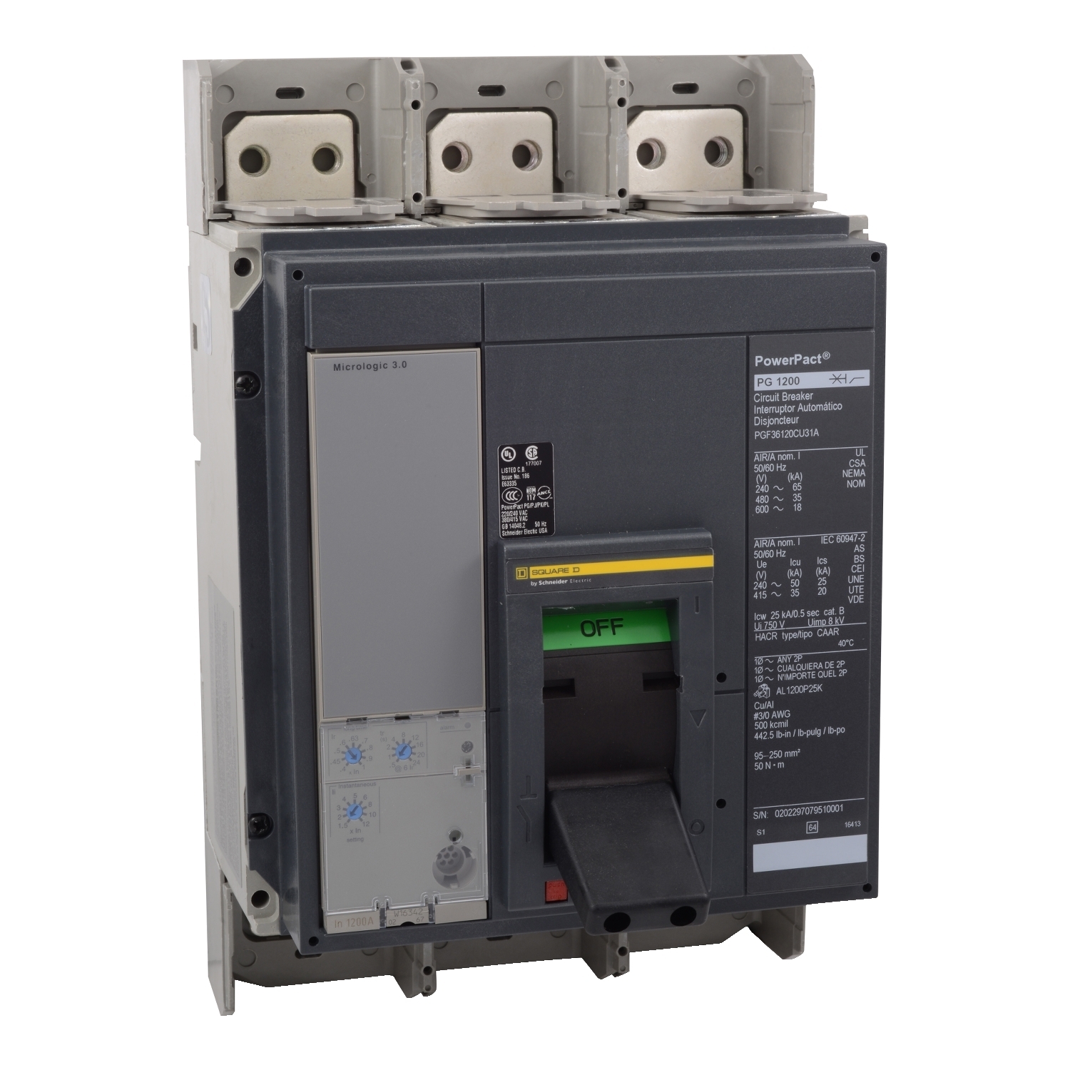 Circuit breaker, PowerPacT P, 1200A, 3 pole, 600VAC, 18kA, busbar, Micrologic 3.0, 80%