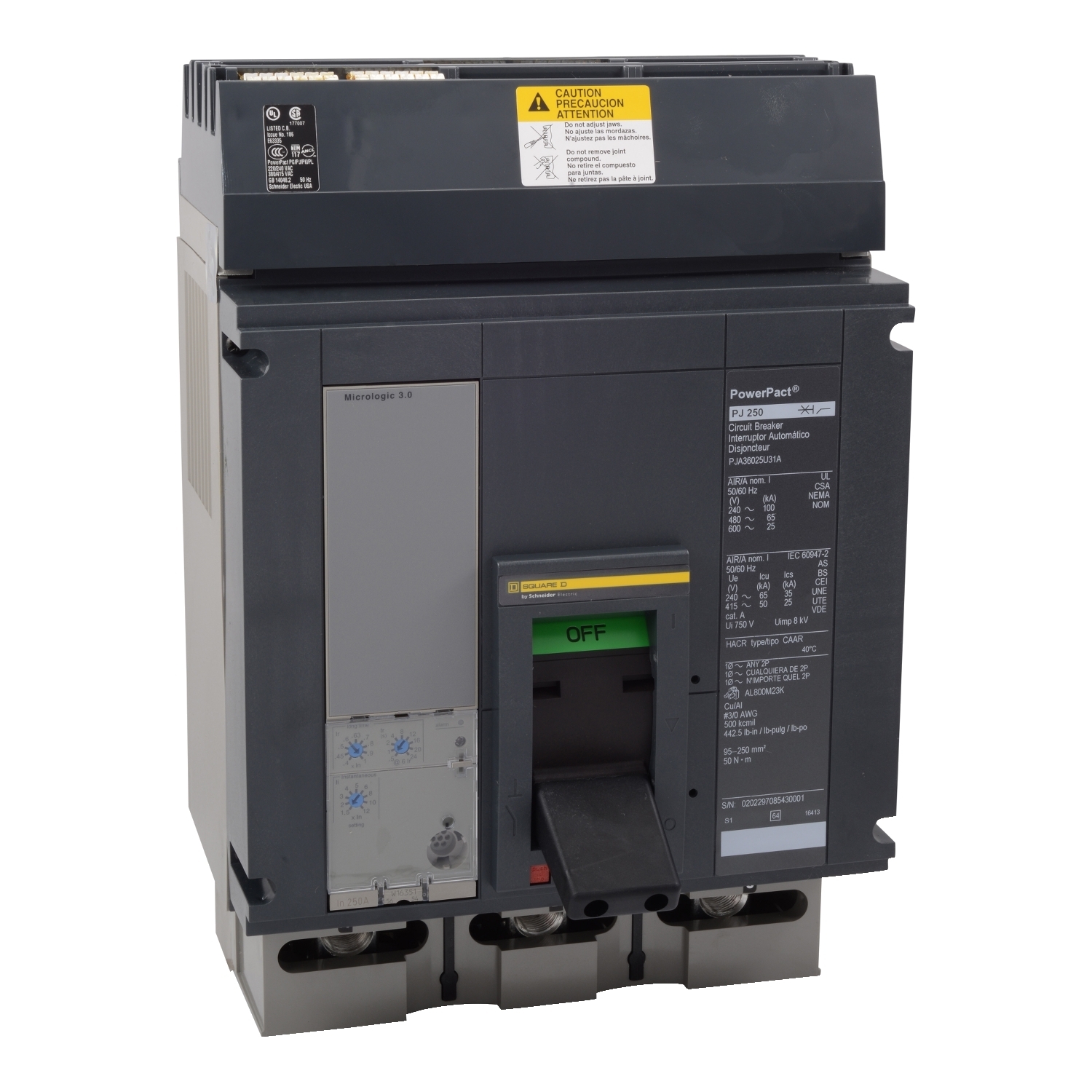Circuit breaker, PowerPacT P, 800A, 3 pole, 600VAC, 25kA, I-Line, Micrologic 3.0A, 80%, ABC