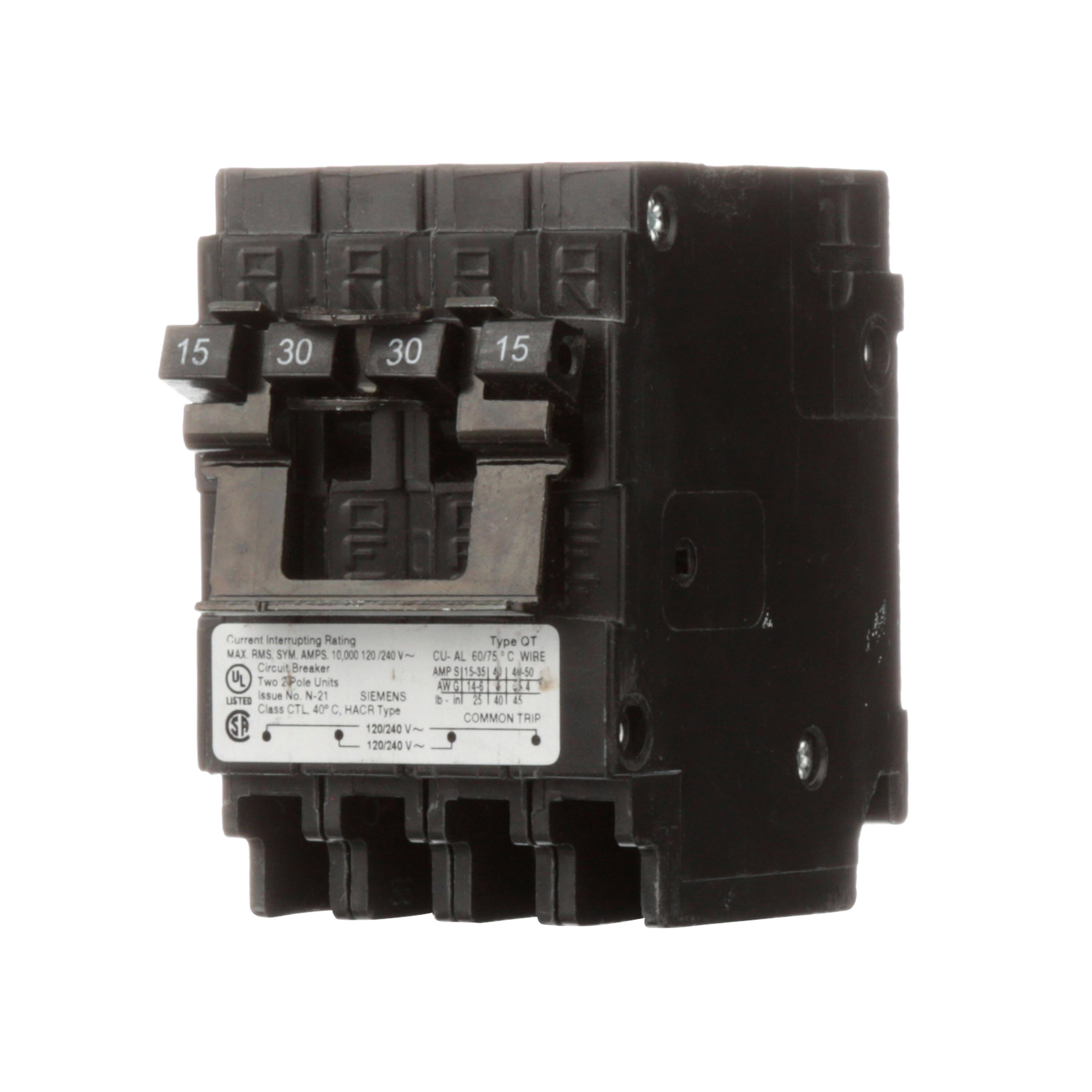  Low Voltage Residential Circuit Breakers Miniature Thermal Mag Circuit Breakers - Duplex, Triplex, Quadplex are Circuit Protection Load Center Mains, Feeders, and Miniature Circuit Breakers. Type QT Application Electrical Distribution Standard UL 489 Voltage Rating 120/240V Amperage Rating 15-30A Trip Range Thermal Magnetic Interrupt Rating 10 AIC Number Of Poles 2P