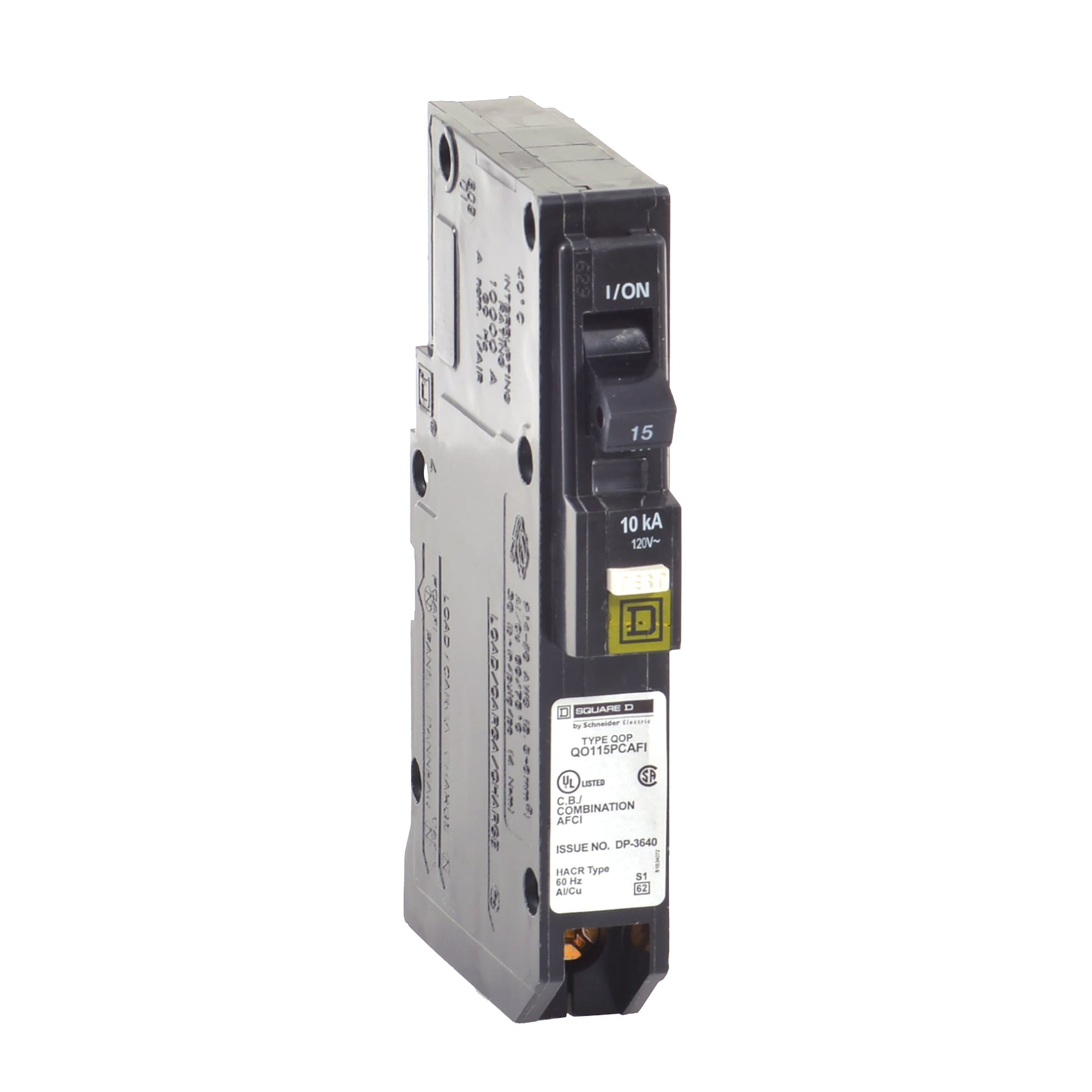 Mini circuit breaker, QO, 15A, 1 pole, 120VAC, 10kA, combo arc fault, plug on neutral, plug in mount