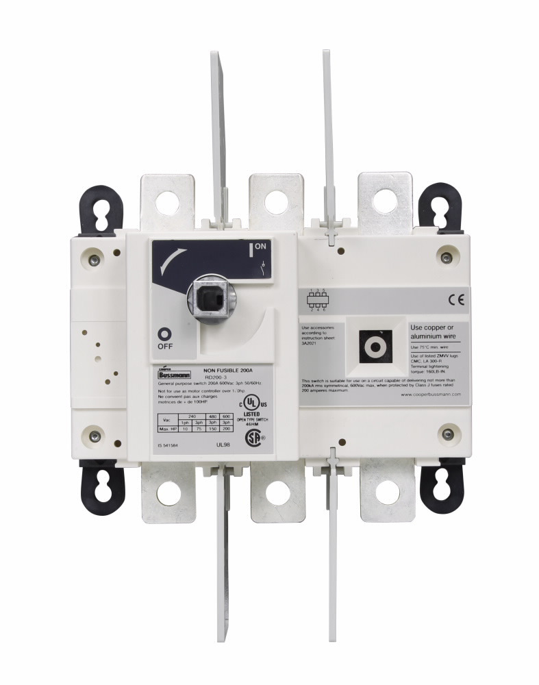 Eaton Bussmann series RD non-fused rotary disconnect switch, Standard switch, Front handle operation, 600 Vac, 250 Vdc, 100A, Non-fused disconnect switch