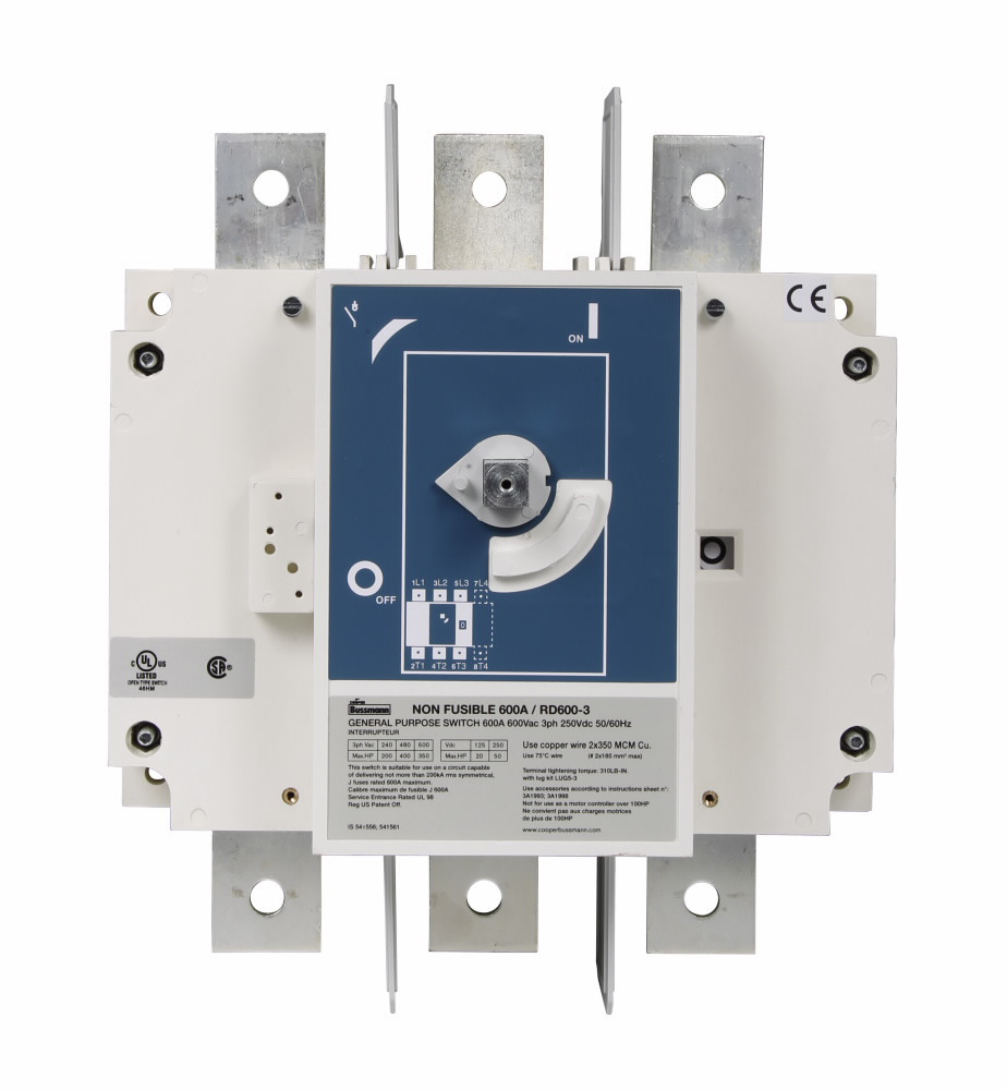 Eaton Bussmann series RD non-fused rotary disconnect switch, Standard switch, Front handle operation, 600 Vac, 250 Vdc, 600A, Non-fused disconnect switch - RD600-3