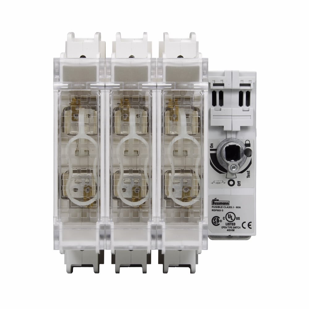 Eaton Bussmann series RDF fused rotary disconnect switch, Standard switch, Front/side handle operation, Flange, 600 Vac, 250 Vdc, 60A, Fused disconnect switch - RDF60J-3