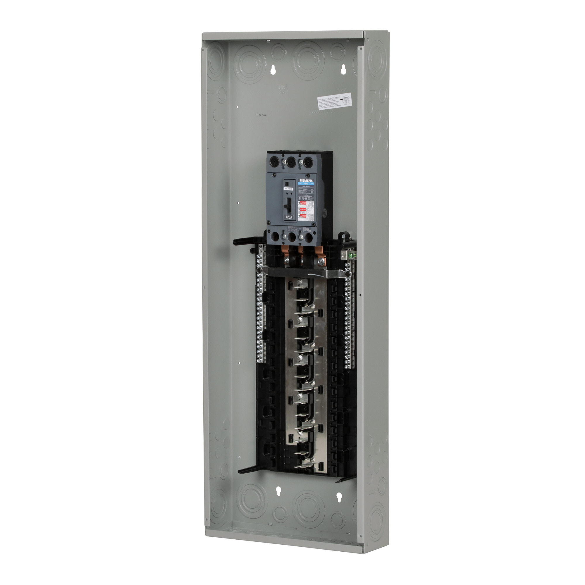  LOW VOLTAGE ES SERIES LOAD CENTER. FACTORY INSTALLED MAIN BREAKER WITH 30 1-INCH SPACES ALLOWING MAX 42 CIRCUITS. 3-PHASE 4-WIRE SYSTEM RATED 120/240V OR 120/208V (125A) 10KA INTERRUPT. SPECIAL FEATURES ALUMINUM BUS, GRAY TRIM, NEMA TYPE1 ENCLOSURE FOR INDOOR USE.