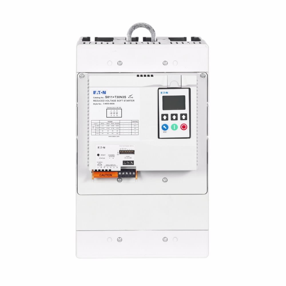 Eaton S811+ soft starter, 180 A, T-frame, Three-pole, -30?C to -50?C, 24 V power, 200-600 V operating voltage, 47-63 Hz, 1-2 conductors, #4 AWG to 500 kcmil wire, 120 Vdc, 240 Vac, Modbus RTU, NEMA 0, LCD display