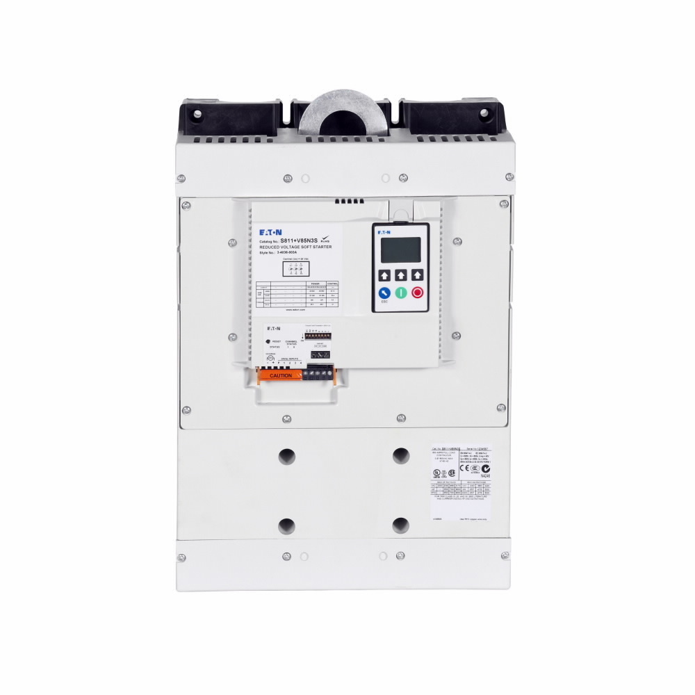 Eaton S811+ soft starter, 420 A, V-frame, Premium, 600 V rated, Level/Edge Sense, Three-pole, 24 V power, 47-63 Hz, 1-2 conductors, #4 AWG to 500 kcmil wire, 120 Vdc, 240 Vac, Modbus RTU, NEMA 0, LCD display, -30C to -50C