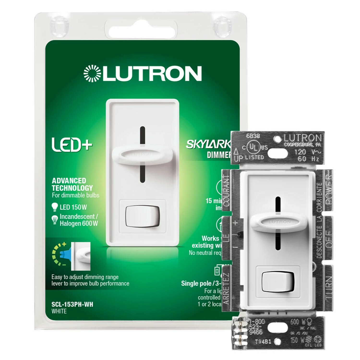 Skylark LED+ Dimmer for LED, halogen, and incandescent dimmable bulbs, clamshell packaging in white