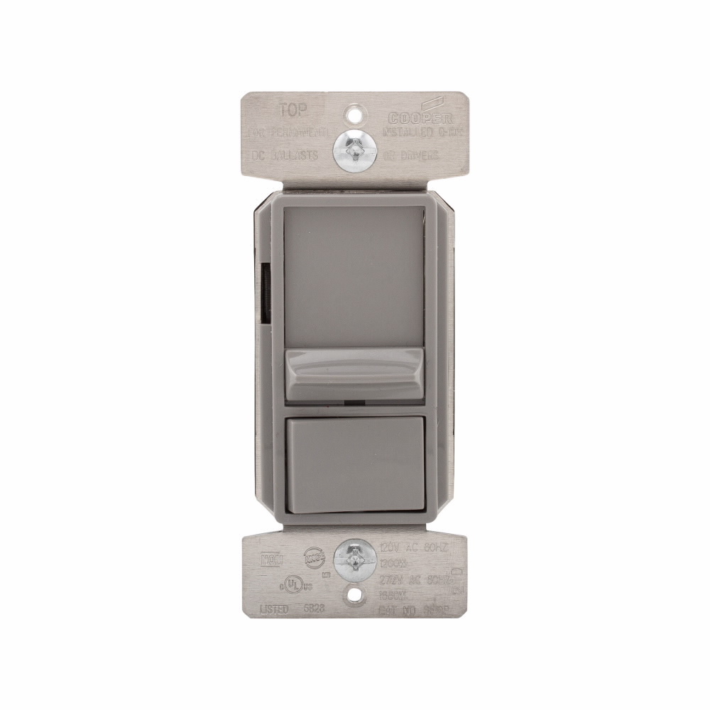 Eaton dimmer, No neutral required, #14 -12 AWG, Flush, 120/277 Vac, Back and side, Wire Leads, Maintained, Gray, 60 Hz, LED, Flourescent, Single-pole, Three-way, Single-phase, Polycarbonate, 1200/1660W 736896