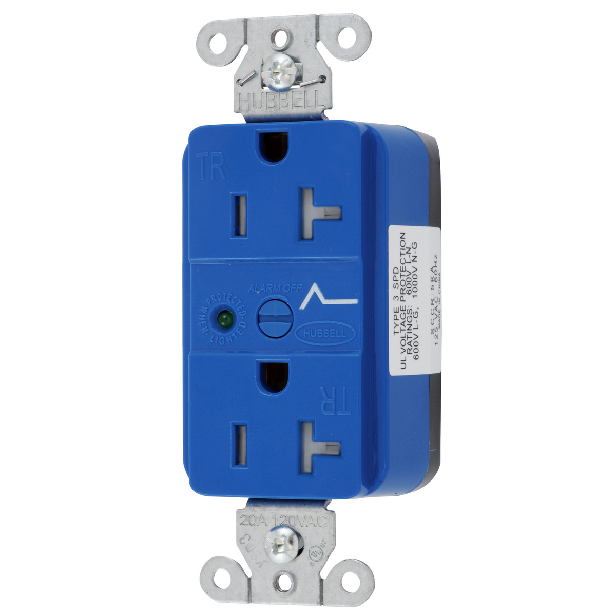 Straight Blade Devices, Receptacles, Duplex, SNAPConnect, Surge supression, Tamper Resistant, LED Indicator, 20A 125V, 2-Pole 3-Wire Grounding, 5-20R, Nylon, Blue