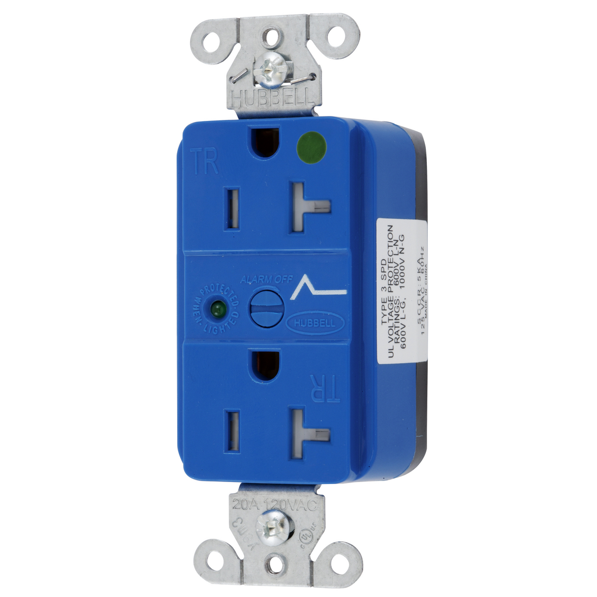 Straight Blade Devices, Decorator Duplex Receptacle, Hospital Grade, SNAP-Connect, Surge supression, Tamper Resistant, LED Indicator, 20A 125V, 2- Pole 3-Wire Grounding, 5-20R, Nylon, Blue
