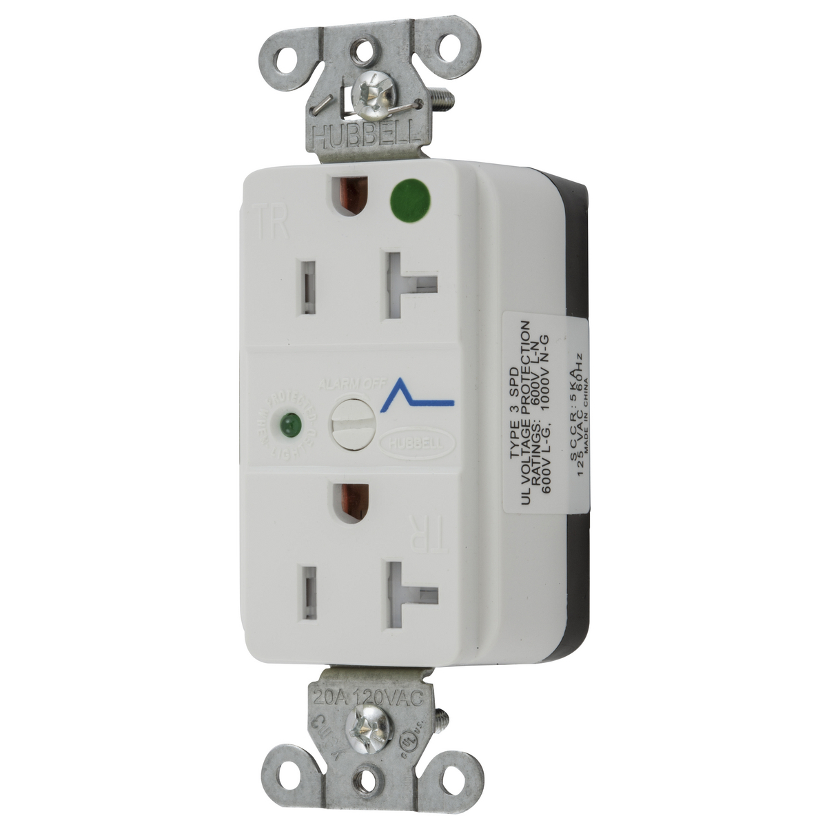 Straight Blade Devices, Decorator Duplex Receptacle, Hospital Grade, SNAP-Connect, Surge supression, Tamper Resistant, LED Indicator, 20A 125V, 2- Pole 3-Wire Grounding, 5-20R, Nylon, White