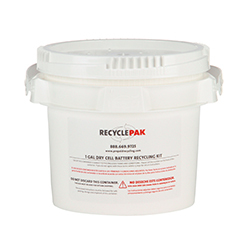 Dimensions: Top Diameter: 7.5", Bottom Diameter: 6.625", Height: 6.9" Capacity: 25 lbs. of dry cell batteries, including AAA, AA, C, D and 9 volt batteries containing alkaline, carbon-zinc, NICAD, NIMH, silver oxide, mercury, lithium metal, and lithium ion. Includes: UN-rated, DOT approved 1 gal container with locking lid, 4 mil poly liner, liner tie, instructions, terms and conditions, proof of purchase, prepaid return shipping with label, recycling and online certificate of acceptance for recycling. Notes: DOT limits on lithium content in battery and cell. All batteries must be taped to protect against short circuits. Must be placed into shipping box prior to return shipping. Restrictions: Lower 48 contiguous states only. Not for export.