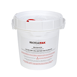 Dimensions: Top Diameter: 6.15", Bottom Diameter: 5.49", Height: 6.62" Capacity: 15 lbs. of dry cell batteries including AAA, AA, C, D, 9 volt batteries containing alkaline, carbon-zinc, NICAD, NIMH, silver oxide, mercury, lithium metal, and lithium ion. Includes: UN-rated, DOT approved 1/2 gal container with locking lid, 4 mil poly liner, liner tie, instructions, terms and conditions, proof of purchase, prepaid return shipping with label, recycling and online certificate of acceptance for recycling. Notes: DOT limits on lithium content in battery and cell. All batteries must be taped to protect against short circuits. Must be placed into shipping box prior to return shipping. Restrictions: Lower 48 contiguous states only. Not for export.