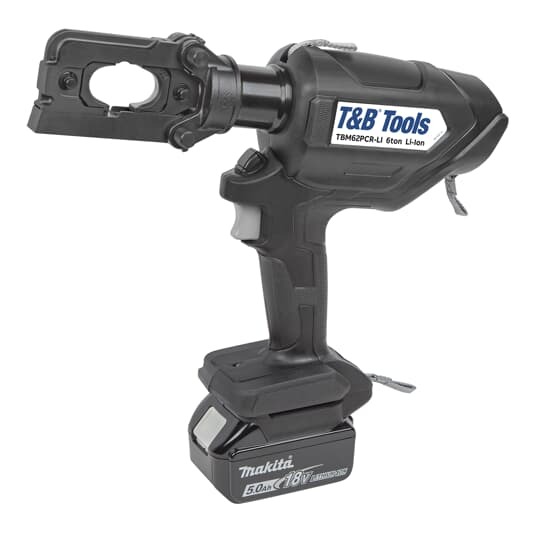 6-Ton Lithium-Ion Battery Powered Closed Crimp Tool for Crimping #8-600 kcmil Copper, #8-400 kcmil Aluminum Connectors.  13.7 inch long x 3.3 inch wide x 10.6 inch high.  Includes 18 VDC, 5.0 Ah Battery, Weight with Battery 8.3 lbs.