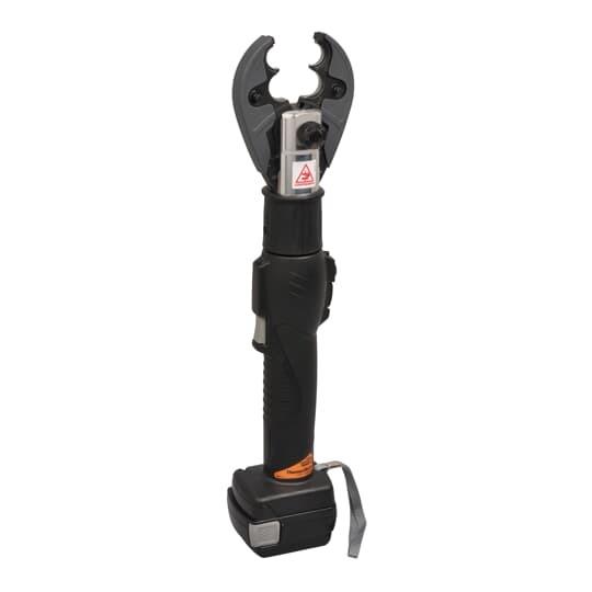 6-Ton Lithium-Ion Battery Powered Inline Open OD Crimp Tool for Crimping #8-300 kcmil Copper, #8-4/0 kcmil Aluminum Connectors.  22 x 3.5 x 4.5 inch.  Weight 8.75 pounds with Battery.  14.4 VD, 3.0 Ah