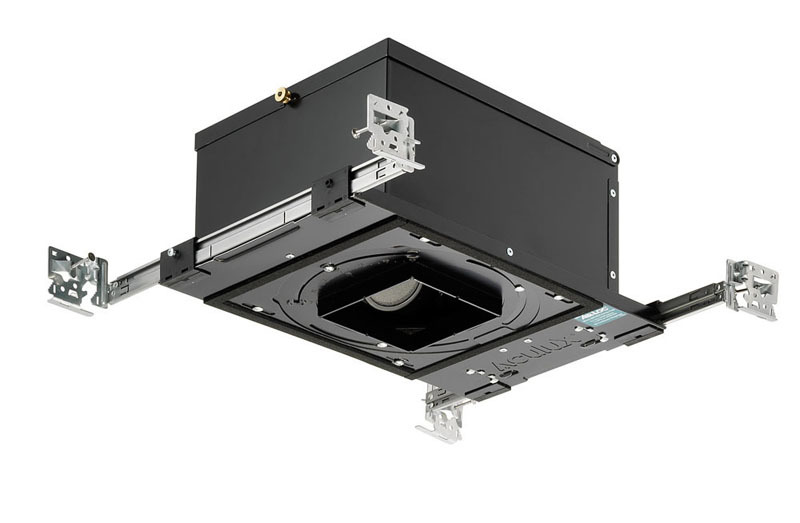 3 1/4" PAR16/PAR20 Line Voltage Adjustable Non-IC Housing features patent pending Tru-Line Platform, Pro-VI Bar Hanger System and Acu-Aim Precision Geared Op