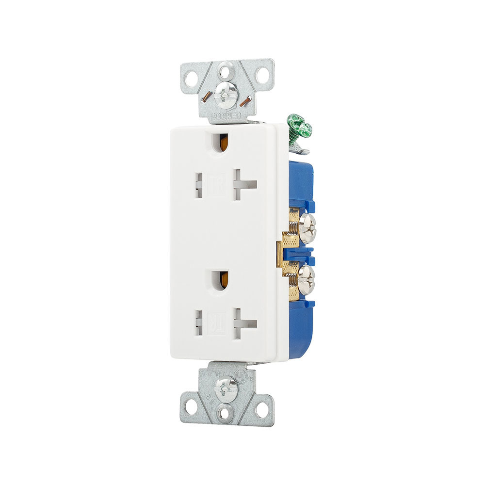 Eaton residential grade decorator duplex receptacle, #14-10 AWG, 20A, Commercial, Residential, Flush, 125V, Side wire, White, Brass, Impact-resistant thermoplastic face, PVC body, 5-20R, Duplex, Screw, Thermoplastic, ED Box