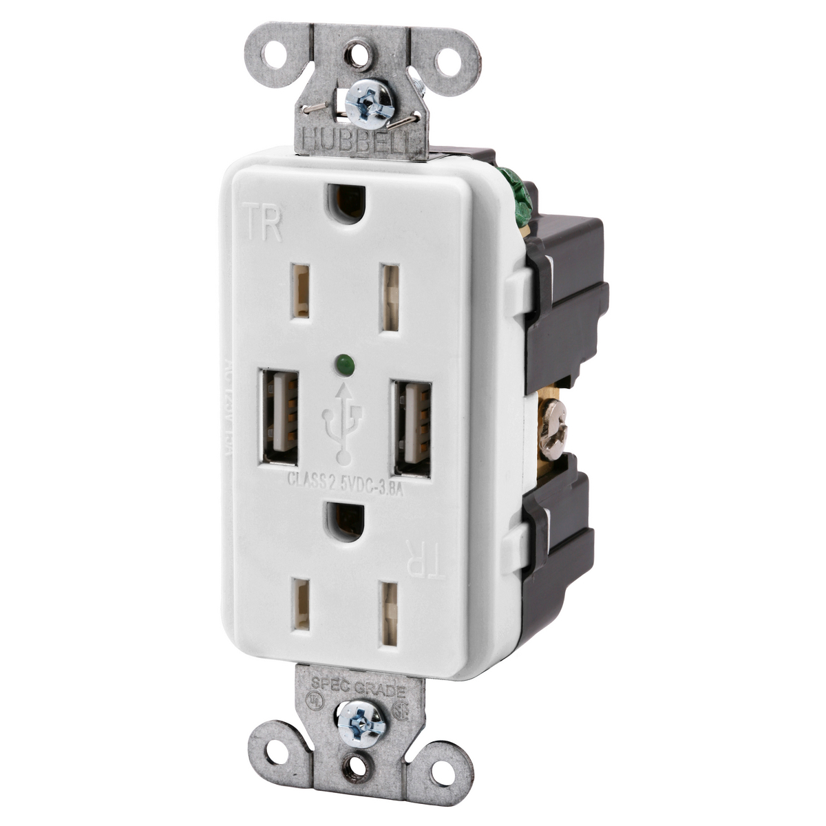 Straight Blade Devices, Receptacles, Duplex, Dual USB Type 2.0 ports 3.8 Amp, 5 Volt DC, 15A 125V, 2-Pole 3-Wire Grounding, 5-15R, White