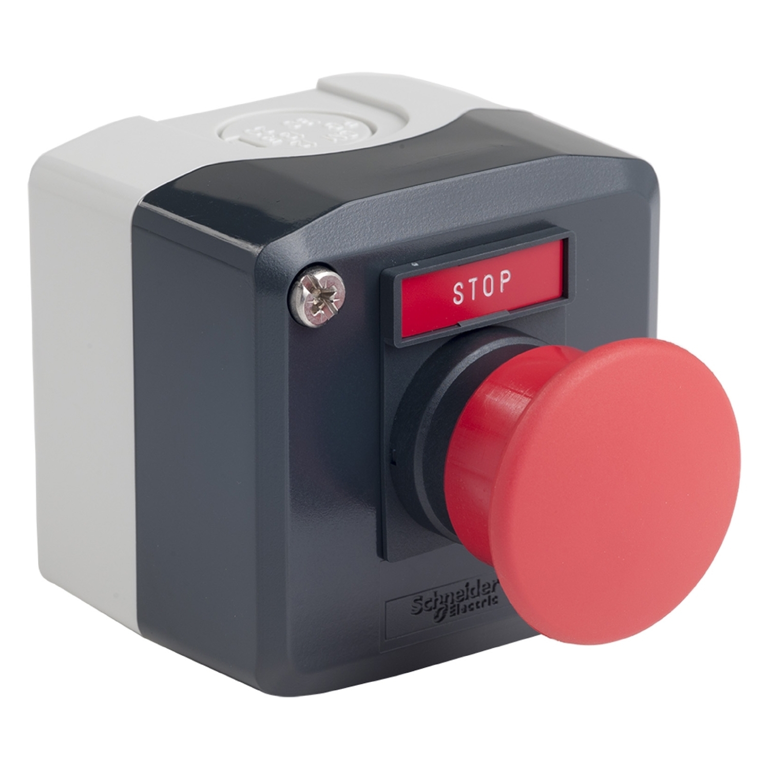 Complete control station, Harmony XALD, dark grey, 1 red mushroom head pushbutton, 40mm, spring return, 1NC, marked STOP