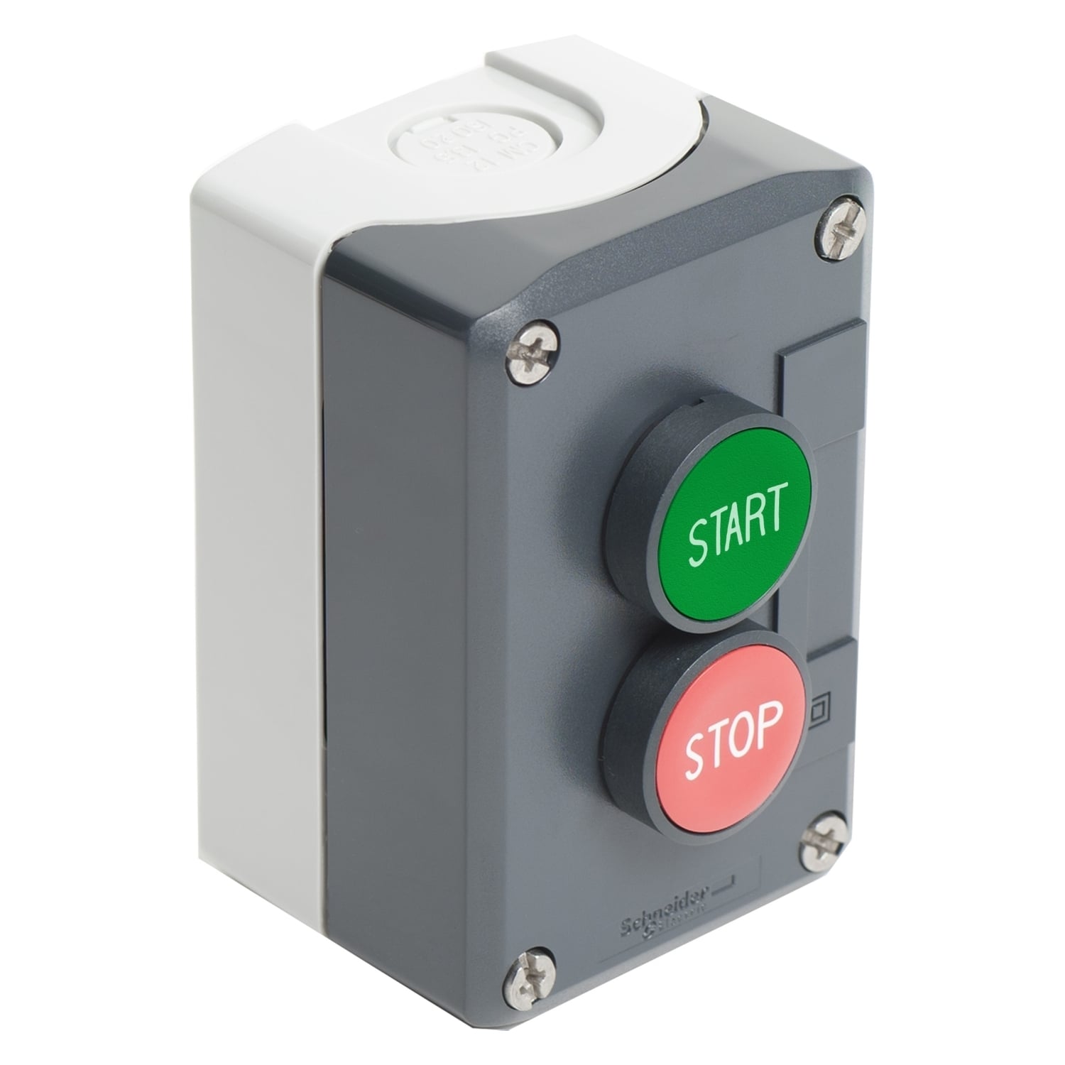 Complete control station, Harmony XALD, XALK, dark grey, flush push buttons 22mm, green START 1NO red STOP 1NC, spring return