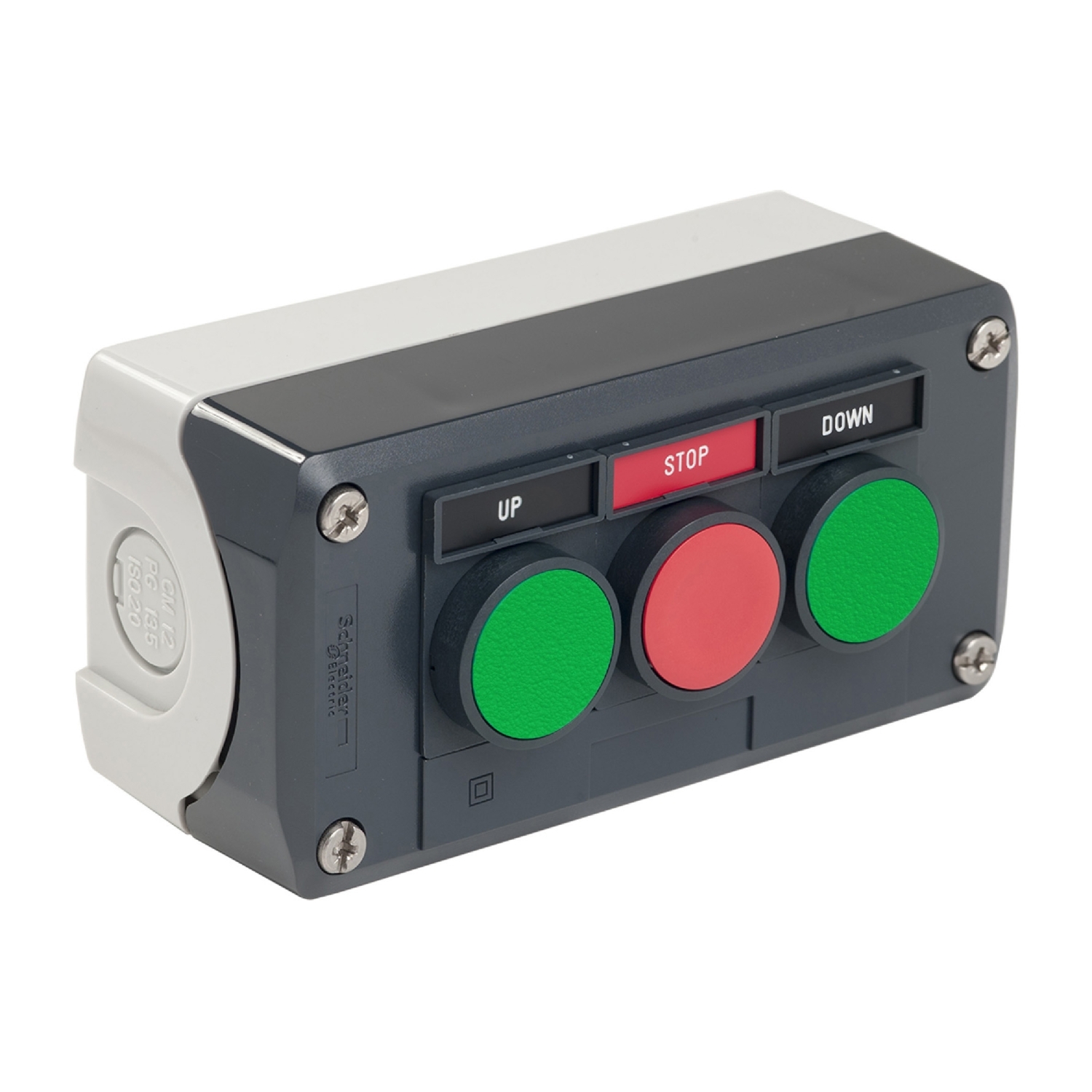 Control station, Harmony, plastic, dark grey, 3 flush push buttons, green NO, red NC, green NO, 22mm, spring return, legend holder, UL CSA certified