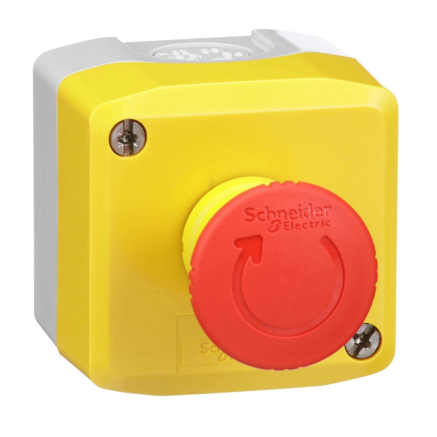 Control station, Harmony, plastic, yellow, 1 red mushroom head push button 40mm, emergency stop turn to release 1NO + 2NC, unmarked, UL CSA certified