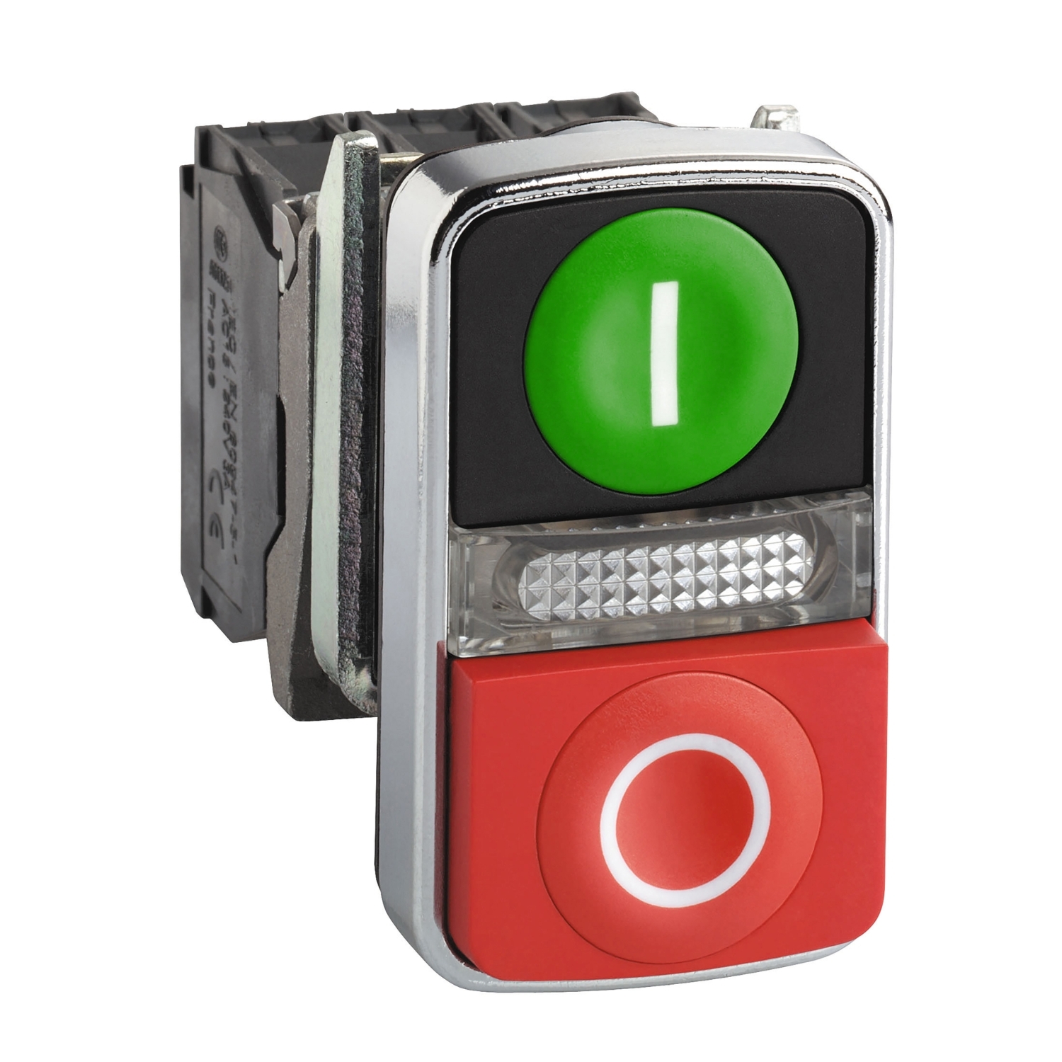 Illuminated double headed push button, Harmony XB4, metal, 22mm, 1 green flush I + 1 pilot light + 1 red projecting O, 120V AC, 1NO + 1NC