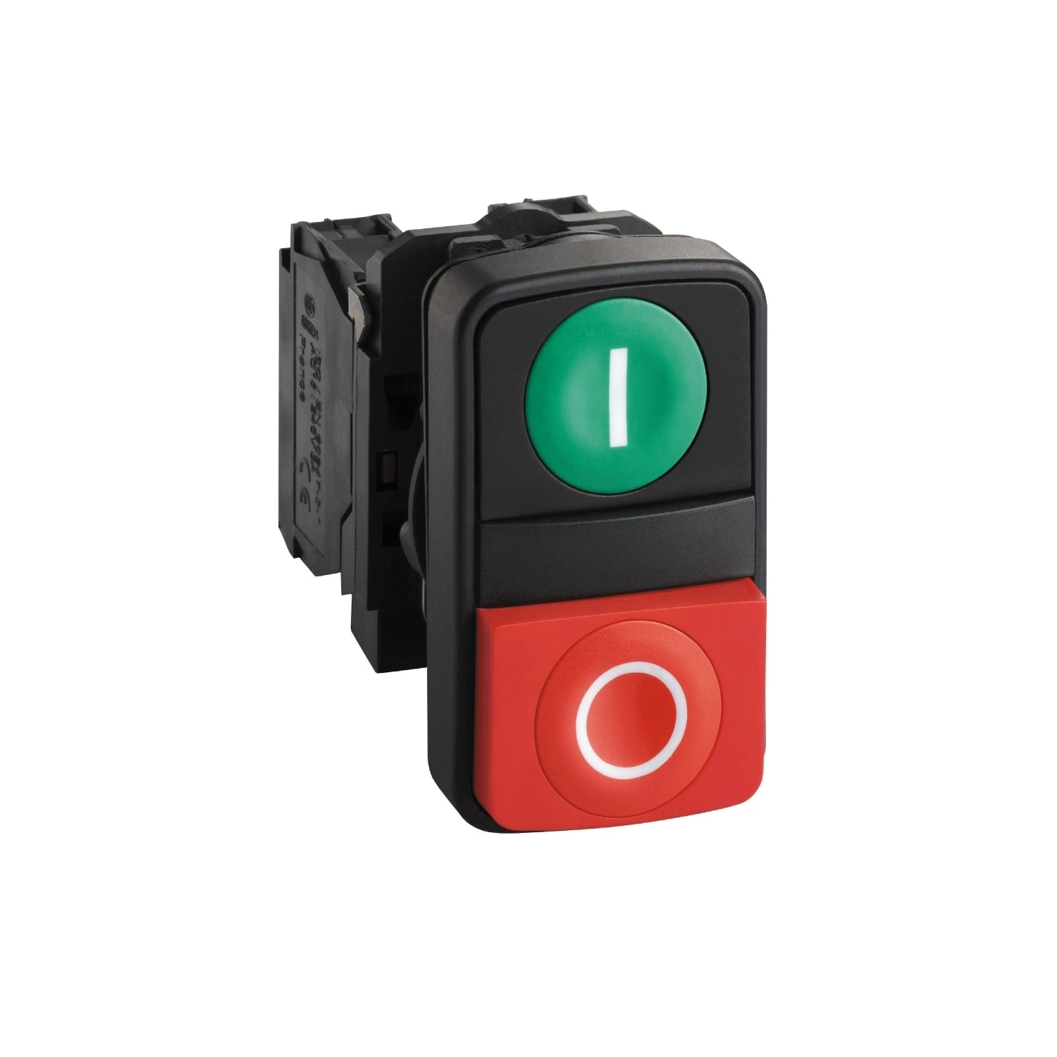 Double headed push button, Harmony XB5, plastic, 22mm, 1 green flush marked I + 1 red projecting marked O, 1NO+1NC