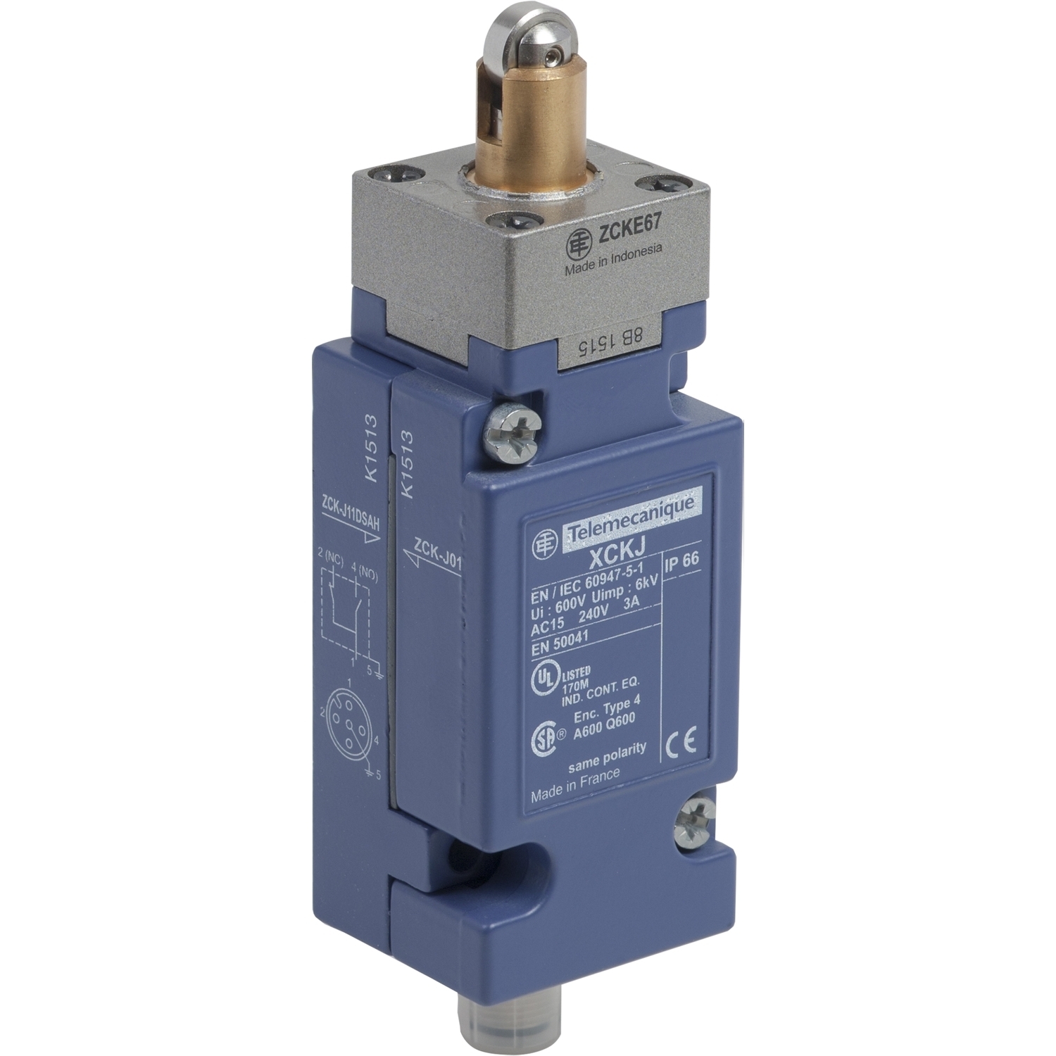 Limit switch,  XC Standard, XCKJ, steel roller plunger reinforced, 1C/O, snap, Pg13