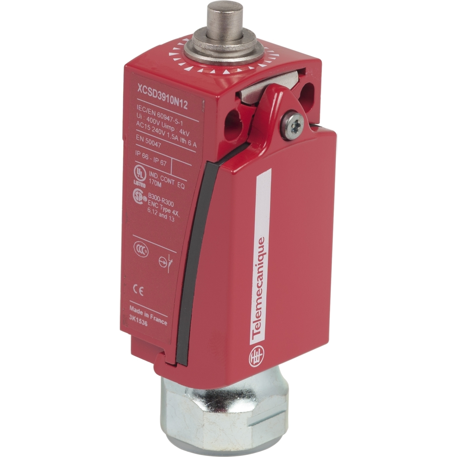 Safety limit switch, Telemecanique Safety switches XCS, metal, steel plunger, 2NC+1 NO, 1 entry tapped 1/2" NPT